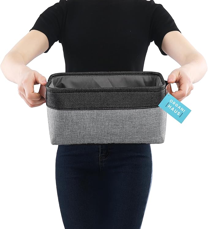 OrganiHaus Small Fabric Storage Baskets 3 Pack, 12x8in Cloth Storage Bins for Shelves, Small Baskets for Organizing Bathroom Pantry Closet, Canvas Shelf Baskets, Gray/Black