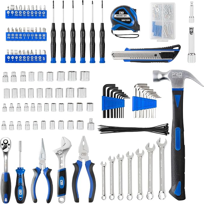 Prostormer Mechanic Tool Set, 219-Piece Basic Hand Tool Kit | 1/4" & 3/8" SAE and Metric Sockets, with Aluminium Tool Box, General for Home Repair & Car Maintenance