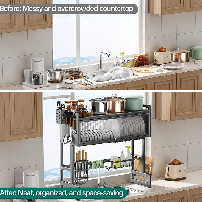Over the Sink Dish Drying Rack 3 Tier with Dustproof Flip-Up Cover | Large Dish Drainer Storage Counter Organizer,Space-Saving Dish Rack for Dishes and Cutlery,Fits Sinks up to 36 Inches(Gray)