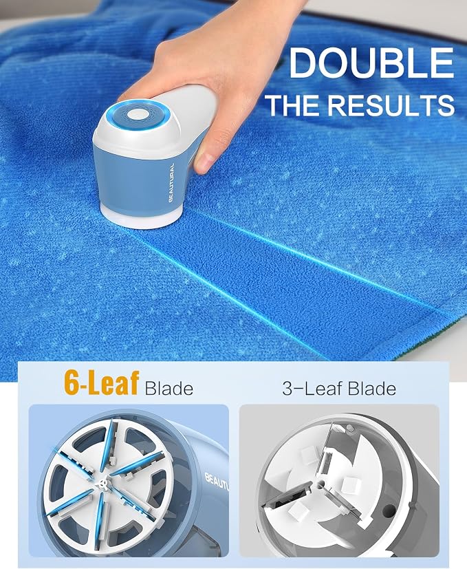 BEAUTURAL Fabric Shaver and Lint Remover, Rechargeable Sweater Defuzzer | 6-Leaf Blades, Electric Clothes Shavers to Trim Fuzz and Pills, Remove Pilling for Clothing, Furniture, Couch, Blanket