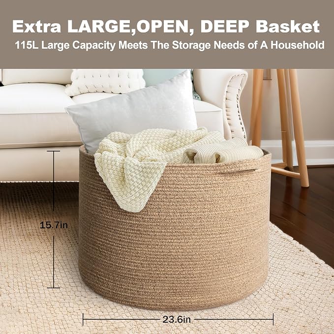 MEGASKET 115L Extra Large Storage Basket, 23.6"x15.7" Woven Cotton Rope Basket, Giant Kids Dog Toy Bin, XXXL Boho Blanket Pillow Holder for Living Room, Brown Variegated Woven Baskets for Organizing