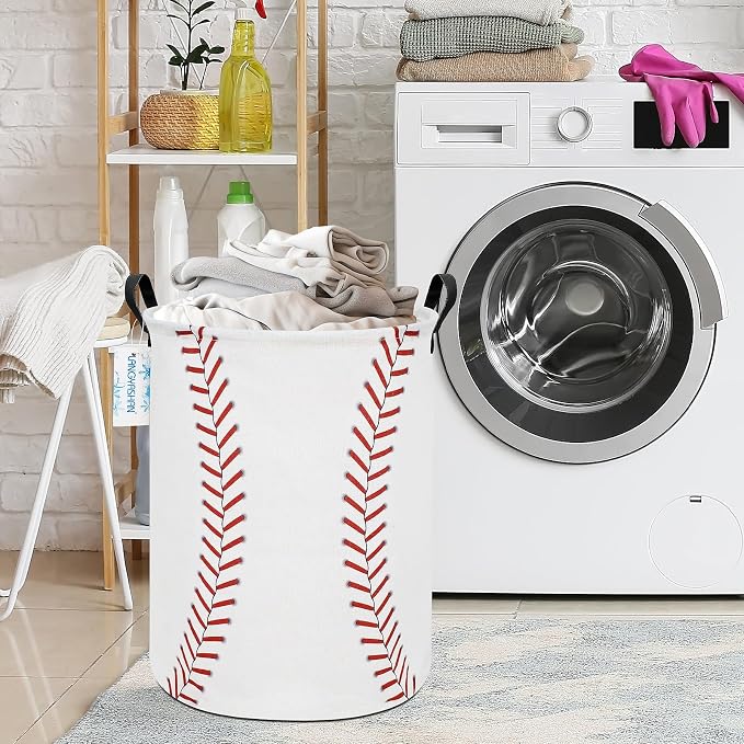 Round Laundry Basket Collapsible Storage Hamper Organizer Red Baseball | Waterproof Canvas Foldable Baskets with sturdy Handles Multi-scene Organizer for Home Play Bedroom Gift Bin