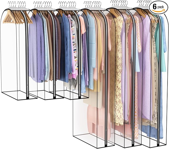Liuoud Clear Garment Bag for Hanging Clothes 10” Gusseted, 40&60” Suit Bags for Open Closet Storage Plastic Clothes Cover for Coat, Dress, Shirts, Fur, Jacket, Wardrobe Protectors, 6 Pack