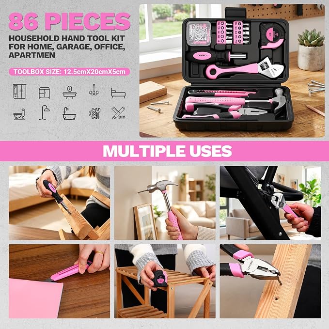 DEKOPRO 86PCS Pink Tool Set Household DIY Tool Kit for Women with Storage Toolbox, Small Compact Hand Tool Box Set for Home Use, DIY, Apartment, Office & Home Repair