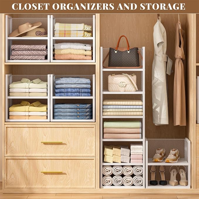 DAOUTIME 6-Tier Stackable Closet Organizers and Storage Basket, Wire Closet Shelf Organizer, Sweater Storage Oragnizer Bins, Multifunctional Clothes Storage Drawer Organizer for Wardrobe, White