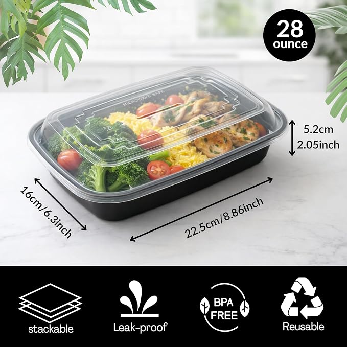 50-Pack 28 Oz Meal Prep Containers With Lids, to Go Food Containers BPA Free, Stackable, Leak Resistant, Bento Box, Microwave, Dishwasher, Freezer Safe