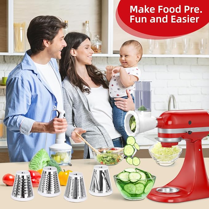 Updated Cheese Grater Slicer Shredder Attachment for KitchenAid Stand Mixers, Salad Machine with Vegetable Slicer, Salad Maker, Food Slicers Slicer Shredder Attachment with 4 Blades Dishwasher Safe