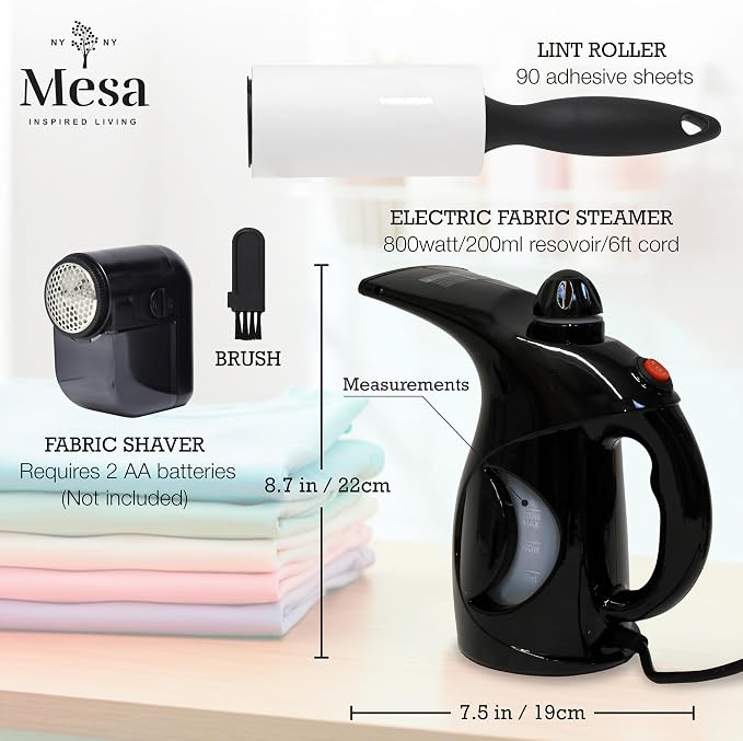 Inspired Living Fabric Care Kit – 3-Piece Garment Care Set with Handheld Steamer, Lint Roller & Fabric Shaver/Defuzzer – Portable Wrinkle Remover & Clothing Refresh Kit – Black