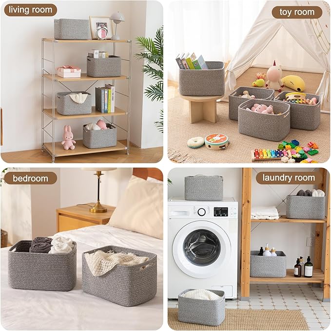 OIASKET Storage Baskets for Organizing, Woven Decorative Baskets for Shelves - Books, Towels, and Clothes, Cotton Rope Toy Storage Bins, 12.7''Lx9''Wx7.8''H, Pack of 4, Grey