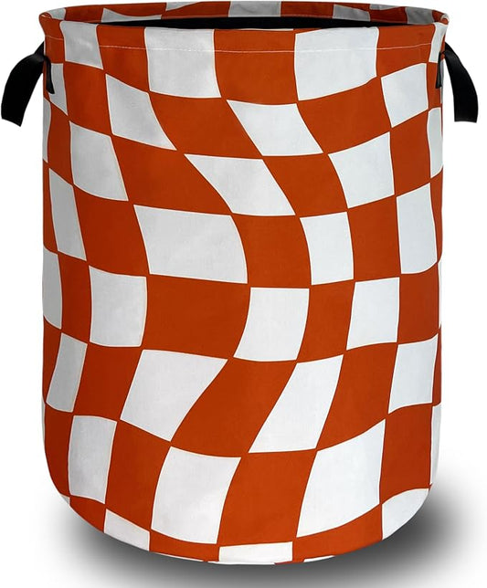 Orange Checkerboard Laundry Hamper Foldable Oxford Cloth Colorful Plaid Laundry Basket With Handle Portable Clothes Storage Organizer Basket 18.9"x16.5" Storage Bag For Laundry Room/Bathroom/Bedroom
