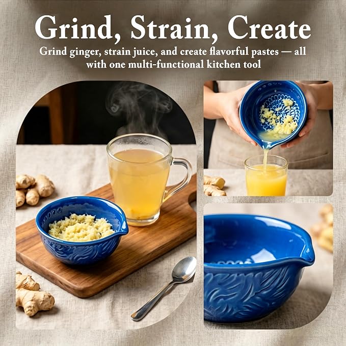 Ceramic Grater Bowl with Herb Stripper, Garlic Ginger Grinder | 3-in-1 Kitchen Tool | Upgraded Grinding Texture | 7 Herb Stripping Holes | Easy Clean | Dishwasher Safe | Blue