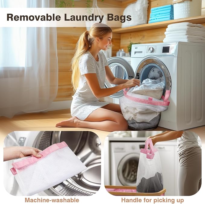 Hampers for Laundry Basket with Lid, 145L Large Laundry Hamper 3 Section | Dirty Clothes Hamper Separator with 3 Removable Bags & 5 Labels, Divided Laundry Organizer for Bedroom, Laundry Room, Pink