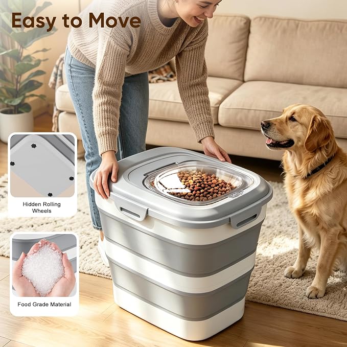 Rice Storage Container, 20 to 50Lbs Collapsible Airtight Rice Container, 30 Lbs Dog Food Storage Container with Wheels, Cup and Scoop, Food Dispenser Bin for Flour, Cereal, Flour, Cat, Bird, Pet