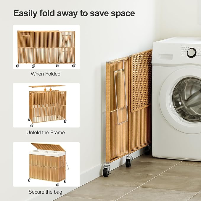 WOWLIVE Laundry Basket 3 Section, Handwoven Laundry Hamper with Wheels | Rolling Clothes Hamper with Lid and Divided Removable Bag, 160L Large Laundry Sorter, Laundry Room Organization, Natural