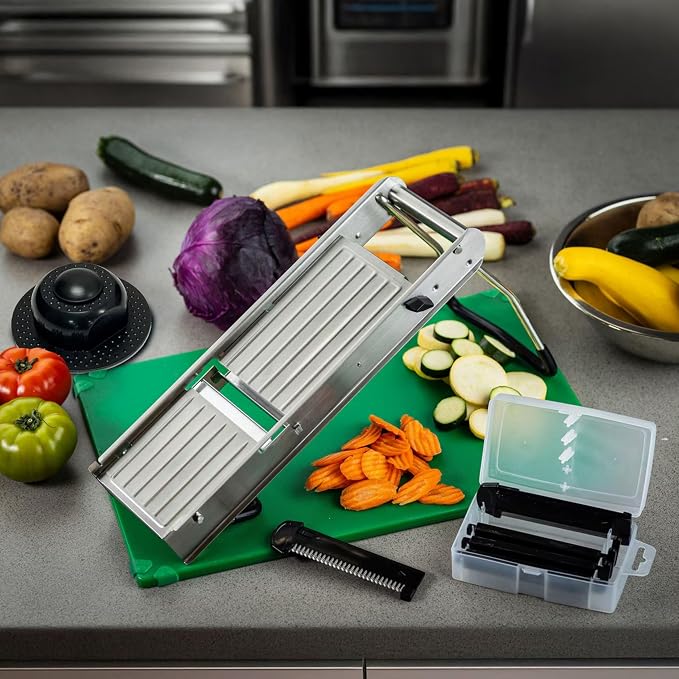 TableCraft 12629 Mandoline Slicer Set, Stainless Steel Adjustable Vegetable Slicer with 5 Interchangeable Blades, Non-Skid Folding Stand, Dishwasher Safe, Commercial Prep Tool