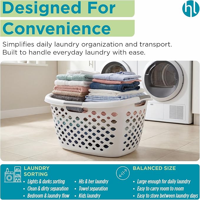 Home Logic 1.75 Bushel Plastic Laundry Basket with Hip Grip, Large Laundry Hamper with Handles, Ventilated Clothes Organizer for Bedroom Bathroom Closet, 4 Pack, White