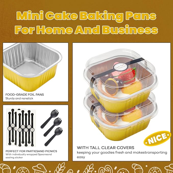 NPLUX 50 Pack Mini Cake Pans with Lids and Spoons Aluminum Foil Pans Square Cake Tins for Bakery Party Wedding, Graduation Gifts Party Favors(Gold,5 oz)