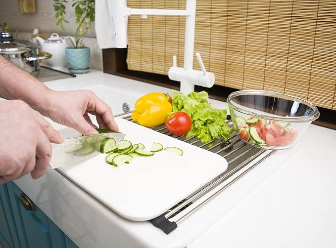 Roll Up Dish Drying Rack 17.7" x 16" - Over The Sink for Kitchen Counter, Foldable SUS304 Stainless Steel Dish Drying Rack for Cups, Utensils, Fruits, Vegetables