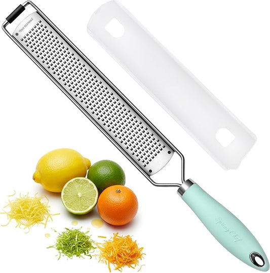 Spring Chef Stainless Steel Lemon Zester Grater with Handle - Garlic, Cheese, Parmesan, Nutmeg, Lime, Ginger Grater - Heavy Duty Kitchen Tool - Citrus Zester with Blade Cover - Fine Shred - Mint