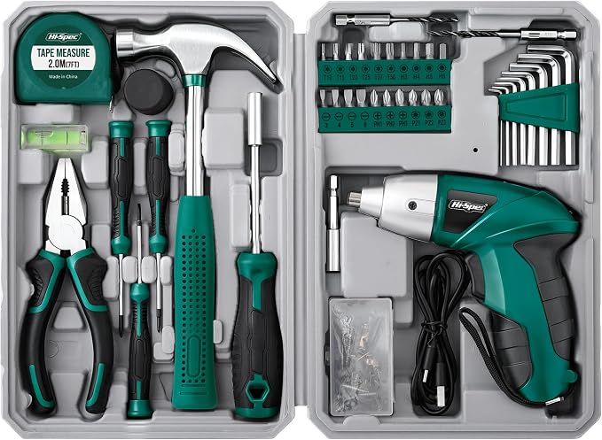 Hi-Spec 4V USB Electric Screwdriver Tool Kit for Home Repairs, Green | 42pc, fast assembly help, common screw bit selection, LED visibility, compact grip, quick household fixes, organized storage