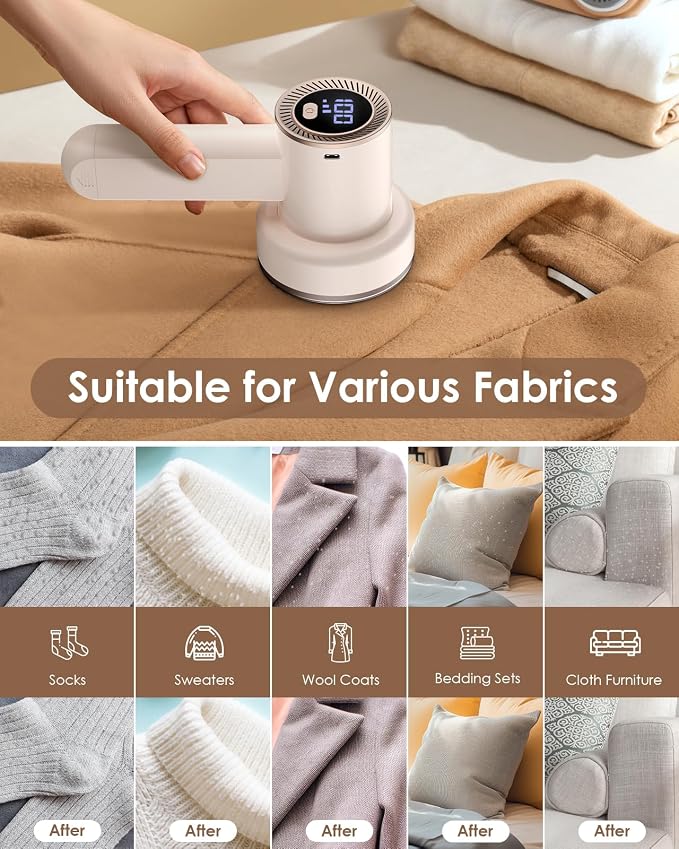 HOMEASY Fabric Shaver, Rechargeable Lint Remover for Clothes Pink | Electric sweater shaver and depiller for Furniture with 70mm head, 6-leaf blades, LED battery display and Type-C charging