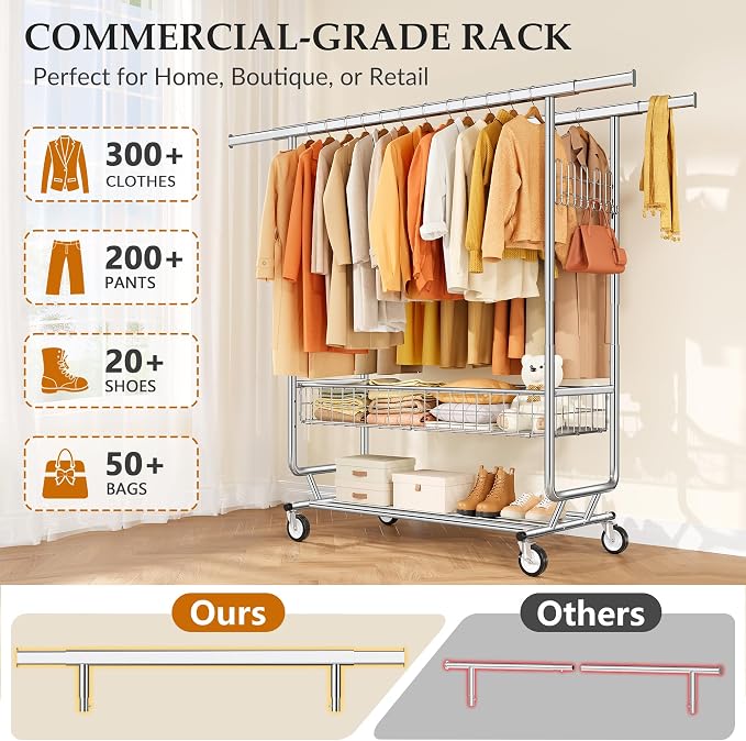 Gewudraw Clothes Rack Heavy Duty Load 1060 LBS With 4" Wheels,Commercial | Double Rod Rolling Clothing Rack,Extendable,Basket,Shelf, Hooks,Garment Rack for Bedroom, Laundry Room & Retail Store,Silver