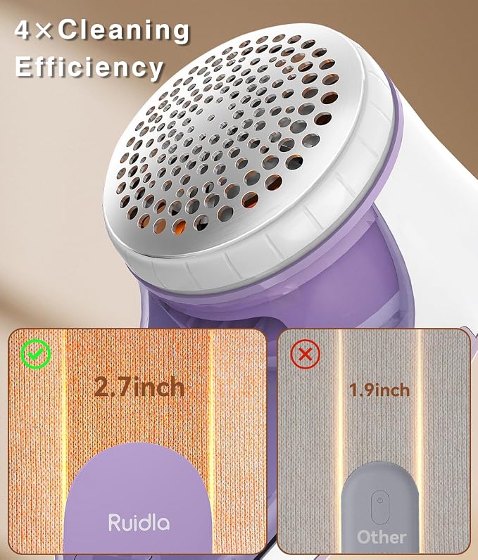 Ruidla Fabric Shaver Lint Remover,Sweater Shaver with Replaceable Stainless | Steel 6-Leaf Blades, Fabric Defuzzer for Clothes Fuzz, Lint Balls - Battery Operated(Purple)