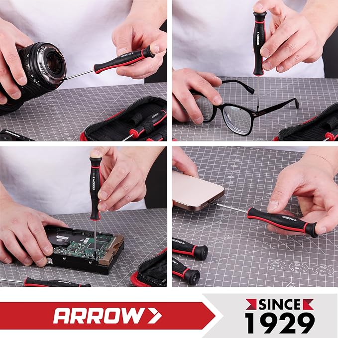 ARROW 5-Piece Precision Screwdriver Set with Pouch, Phillips, Slotted | Small Magnetic Screwdriver Set, Cr-V Steel, Non-Slip Grip, for Eyeglass, Watch, Computer, Laptop, Phone Repair