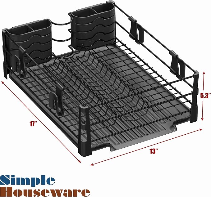 Simple Houseware Dish Drying Rack with Drainboard, Utensil Holder & Mug Hooks, Black Metal Kitchen Counter Organizer