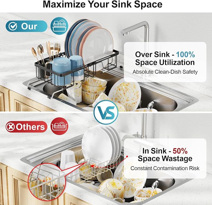 iSPECLE Small Sink Dish Drying Rack, Expandable Narrow Rust Resistant Dish Drainer for RV Apartment Kitchen, Dish Rack with Tightening Knob, Arms with Non Slip Rubber, 9.2" W x 16.6"-24" L, Black | Rust Resistant, Locking Knob Stability, for Small Kitc...