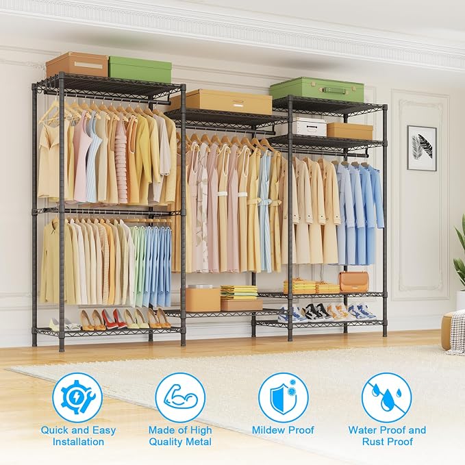 Ulif E13 Pro Heavy Duty Clothes Rack（With 4 Hanger Rods & 8 Shelves） Freestanding Clothing Racks for Hanging Clothes，Adjustable Closet，Metal Garment Rack 75" W x16 D x77 H，Max Load 1000LBS，Black