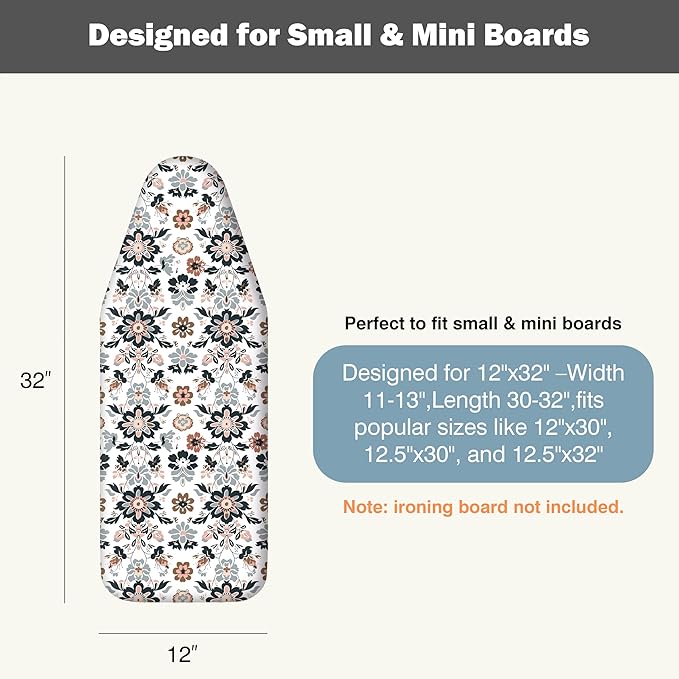 UniSimp Small Ironing Board Cover and Pad 12.5"x30" Small Iron Board Cover with Padding,Tabletop Mini Ironing Board Cover and Pad Small Size, Cotton Canvas, Heat Resistant, Drawstring Floral