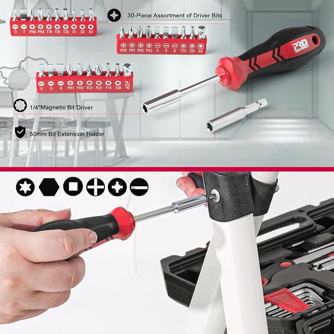 Prostormer 160-Piece Home Tool Set, Starter Tool Kit, Red | Eessential Tools for Household Repairs & DIY Projects, Beginners Friendly, Compact & Portable