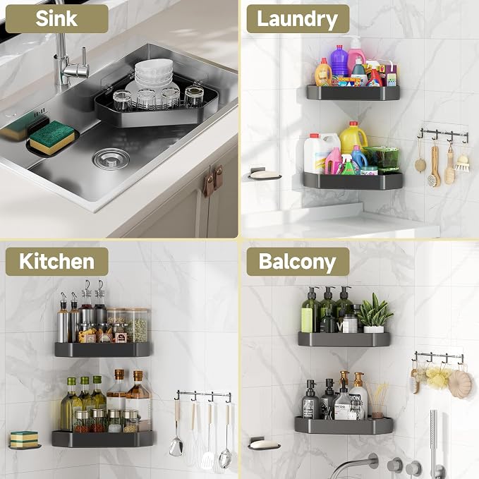 Veken Aluminum Corner Shower Caddy 4-Pack, Never Rust, No Drilling Adhesive Shelves, Stainless Rack with Soap Holder, Bathroom Organizers and Storage, Wall-Mounted Kitchen & Home Decor, Grey