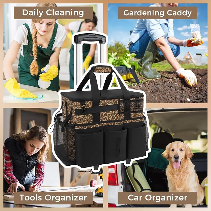 SCAVATA Rolling Cleaning Caddy Bag with Detachable Trolley, Large Cleaning Supplies Organizer with Wheels, Multi-Pocket Cleaning Cart with Adjustable Shoulder Strap for Housekeepers (Leopard)