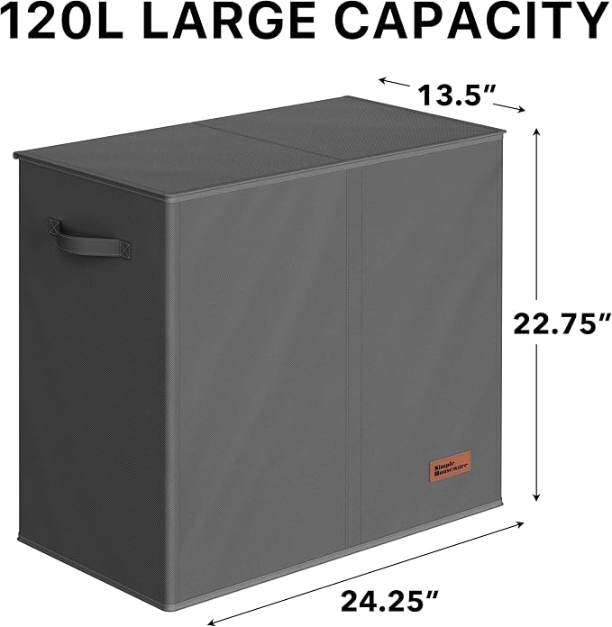 Simple Houseware Double Laundry Hamper with Lid & Removable Bags, Dark Gray | Heavy Duty 600D Polyester, Water-Resistant Surface
