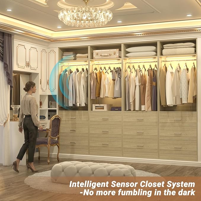 Besiost 8FT Closet System with 4 Motion Sensor LED Lights, 96" Closet Systems with 12 Drawers, Closet Organizer System with 4 Hanging Rods & 4 Shelves, Heavy Duty 96 Inch Walk-in Closet, White Oak