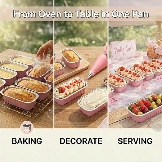 YQER Mini Loaf Pans with Lids for Baking Bread Disposable, 50Pcs 6.8oz Mini Cake Pans with Lids and Spoons Pink Sticker & 30Pcs 10oz Square Aluminum Pans Kit, Dessert Foil Baking Cupcake Tins