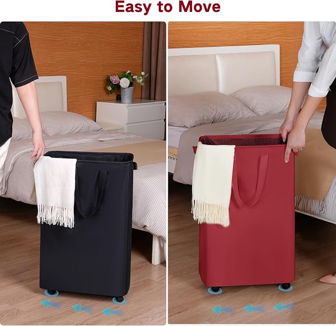 efluky Slim Laundry Hamper with Wheels, Rolling Laundry Basket for Clothes, Small Laundry Basket for Bedroom, Dorm and Laundry Room, 75L (19.8 Gallons) Red