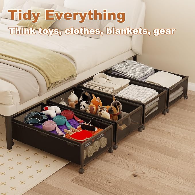 2 Pack Under the Bed Storage Containers,10 inch Height Under Bed Shoe Storage,31inch Long Underbed Storage with Wheels,Large Rolling under bed Clothes Storage Drawers with Lid for Dorm Tall ,Black