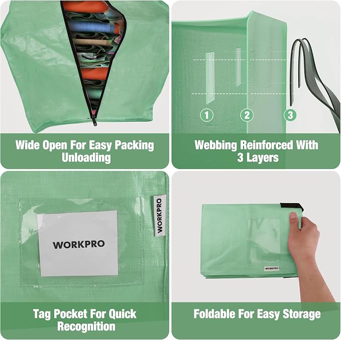 WORKPRO 6 Pack Extra Large Moving Bags with Backpack Straps & Handles | Heavy Duty Moving Storage Bags, Green, Double Zippers for Moving, Dorm, Closet Storage, Travel & Space Saving