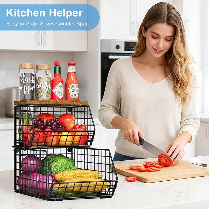 Potato and Onion Storage Bin with Wooden Top, 2-Tier Stackable Wire Basket | Wall basket for Food, Snacks and Fruit and Vegetable Storage with Kitchen Pantry Organizer for Counter, Cabinet, Under Sink