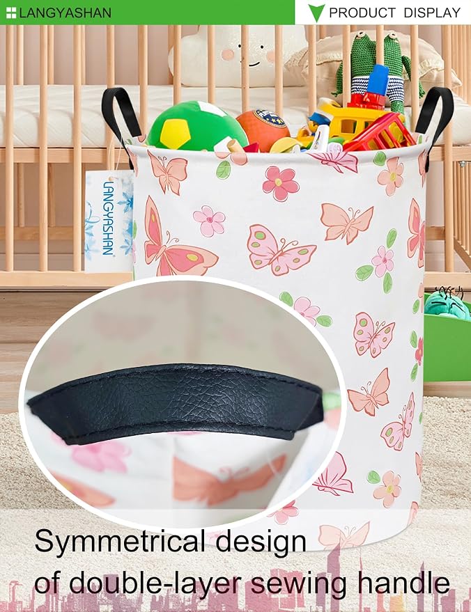 Round Laundry Basket Collapsible Storage Hamper Organizer Pink Butterfly | Waterproof Canvas Foldable Baskets with sturdy Handles Multi-scene Organizer for Home Play Bedroom Gift Bin