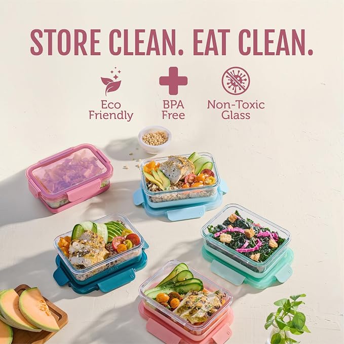Ello Duraglass Refresh 3.4 Cup Meal Prep Sets 10Pc, 5 Pack Set- Glass Food Storage Container with Silicone Boot and Airtight BPA-Free Plastic Lids, Dishwasher, Microwave and Freezer Safe, Melon