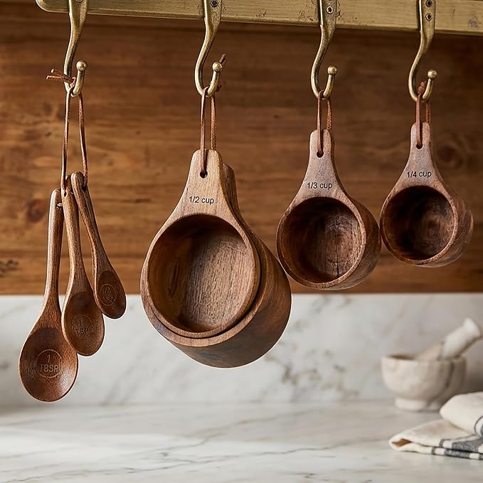 8PCS Wooden Measuring Cups and Spoons Set, Kaloo Natural Solid Acacia Wood Measuring Cups for Dry and Liquid Ingredients (Laser Engraved Measurements)