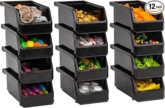 ReadySpace Plastic Containers for Organizing and Storage Bins for Drawers, Desks, Office Organization, and Garage, Stackable Bins, Small (3" x 7" x 4"), 12-Pack, Black