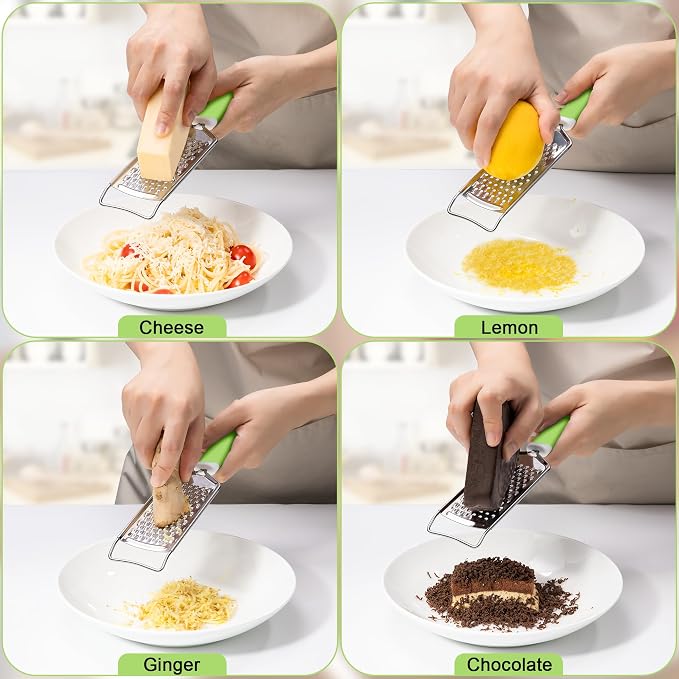 Rainspire Professional Cheese Graters for Kitchen Stainless Steel Handheld, Metal Lemon Zester Grater With Handle For Cheese, Chocolate, Spices, Kitchen Gadgets And Tools, Soft Grip Handle, Green