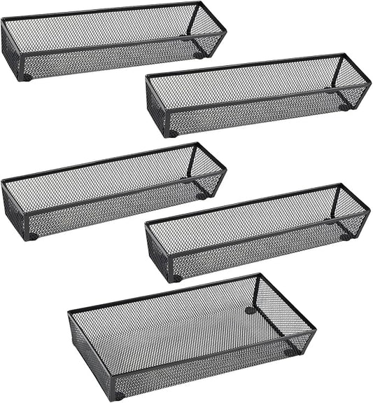 BYCY Silverware Drawer Organizer, Mesh Utensil Organizer for Kitchen Storage, Black Steel Metal Mesh Tray for Flatware Fork Spoon Knife… (12 * 3-5P-Black)