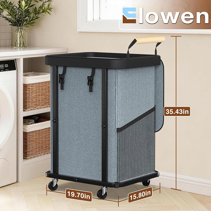 Laundry Hamper with Lid,Leather Patchwork Laundry Basket with Wheels Grey | 150L Rolling Laundry Basket with Bag & Handles,Laundry Basket Organizer for Laundry Room,and Bathroom,Laundry Room