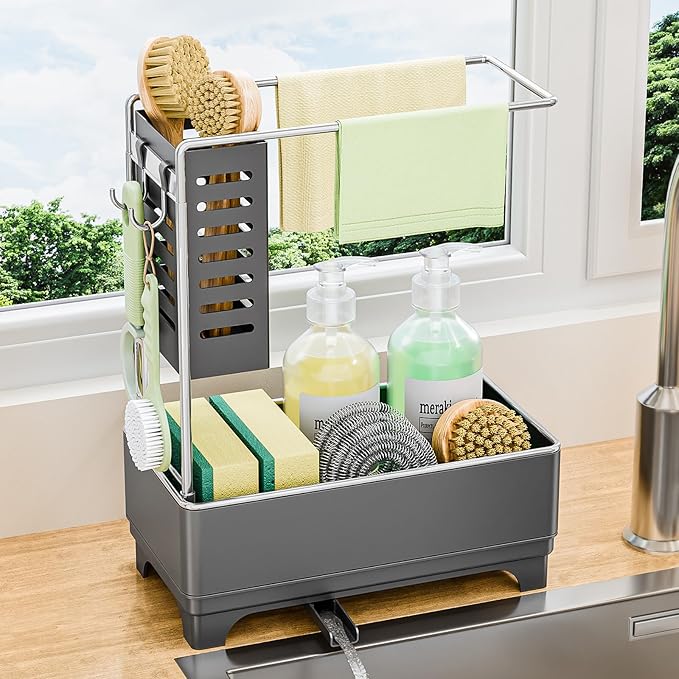 Stainless Steel Sink Caddy, Sponge Holder for Kitchen Sink with Brush Holder and Towel Rack, Sink Organizer for Countertop, Soap Dispenser Kitchen Organizers Storage Essentials(Gray)